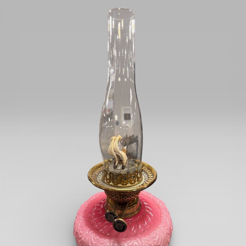 Antique Victorian Cranberry Etched Glass Oil Lamp With Brass Column - Image 11